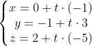 \left\{\begin{matrix} x= 0+t\cdot (-1) & & \\ y = -1+t\cdot 3& & \\ z= 2+t\cdot (-5)& & \end{matrix}\right.